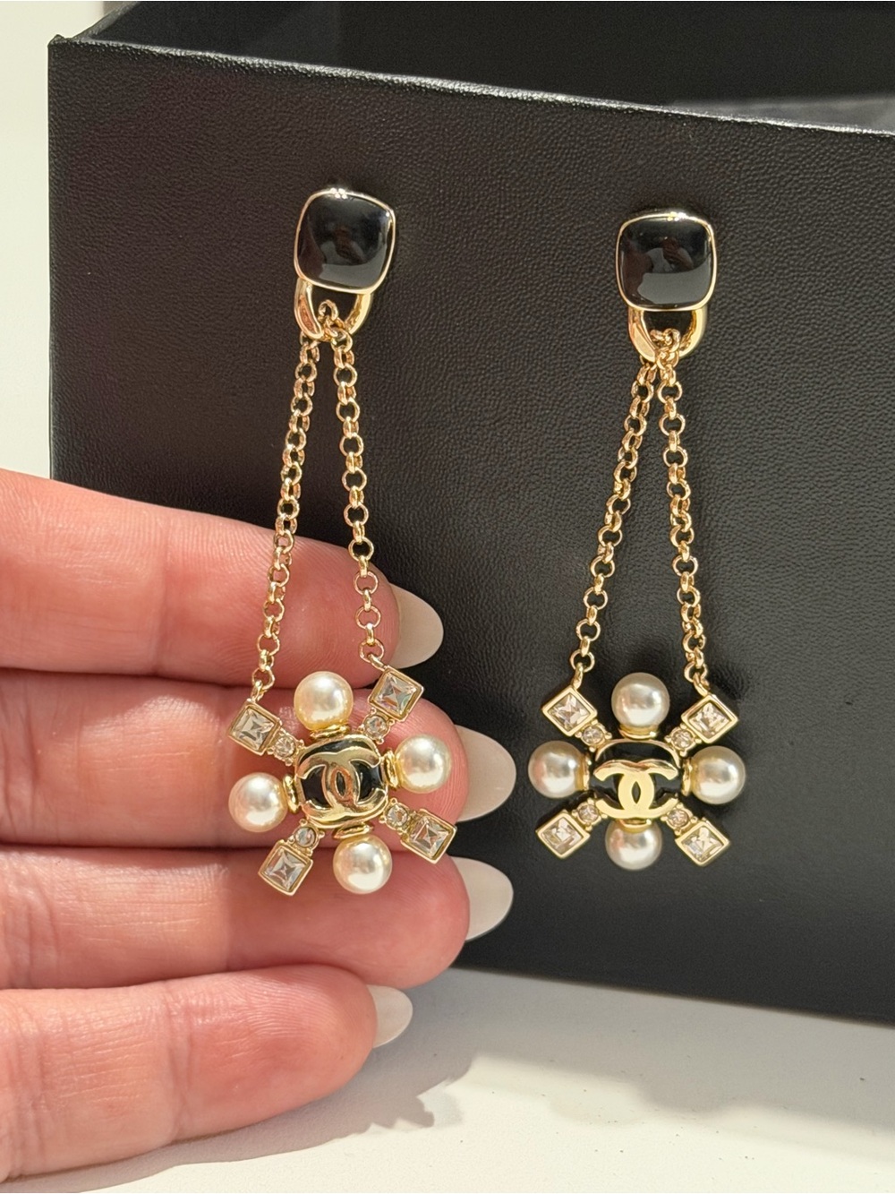Chanel Gold-Pearl Drop Earrings - Black Accent